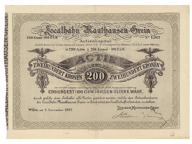 Aktie Lokalbahn Mauthausen-Grein - Zweihundert Kronen
