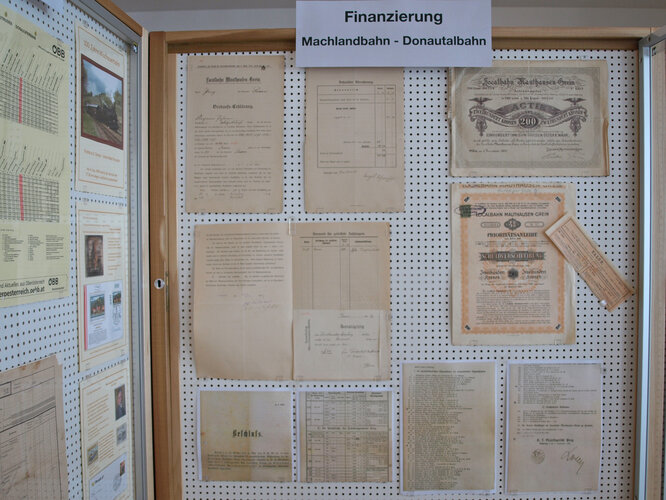 Vitrinenansicht „120 Jahre Machlandbahn“: Finanzierung Machlandbahn – Donautalbahn