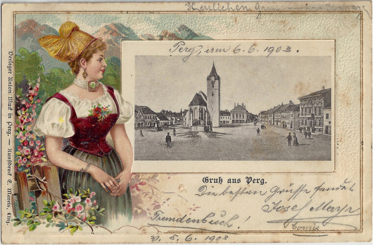 Prägekarte Goldhaubenumrahmung: Hauptplatz Perg