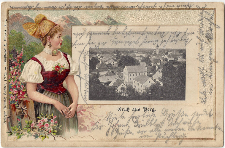 Prägekarte Goldhaubenumrahmung: Untervormarkt Perg