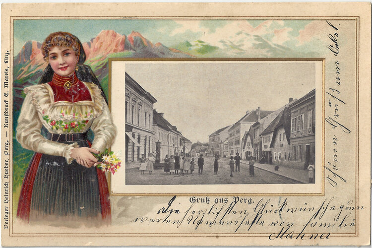 Prägekarte Goldhaubenumrahmung: Herrenstrasse Perg