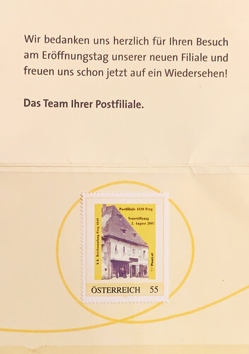 Personalisierte Briefmarke zur Eröffnung der neuen Postfiliale in Perg.
