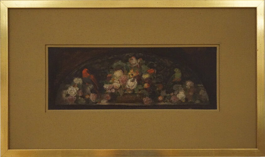 Lünettenbild mit zwei Papageien und Blumen