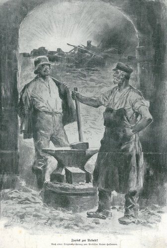 Zeichnung: "Zurück zur Arbeit!" | © gemeinfrei (aufgrund des Alters)