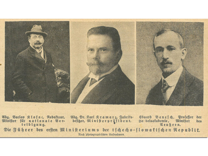 Zeitungsfoto: Mitglieder des ersten Ministeriums der tschechoslowakischen Republik
