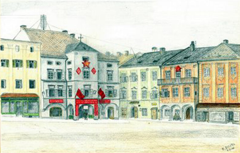 Freistadt 1945 - Sujet zur Ausstellung - Franz Dichtl: Hauptplatz von Freistadt | © Mühlviertler Schlossmuseum