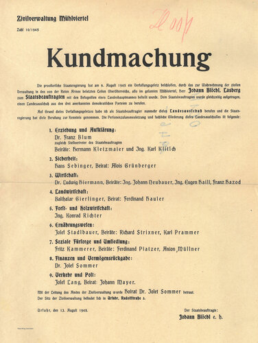 Kundmachung der Zivilverwaltung Mühlviertel