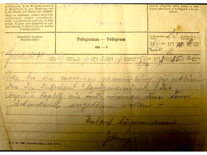 Telegramm von Bürgermeister Gustav Umlauf / Telegram Gustava Umlaufa