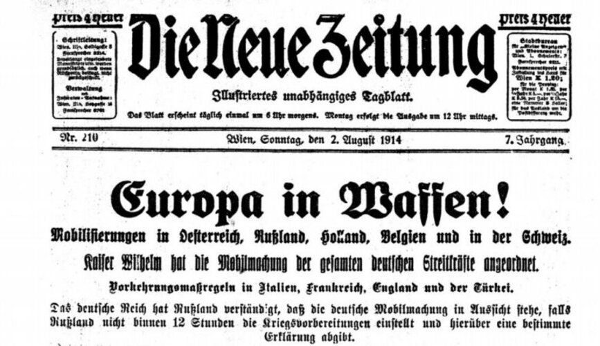 Die Neue Zeitung, 2. August 1914, Titelblatt. | Privatarchiv Cerwenka / Mühlviertler Schlossmuseum | © gemeinfrei