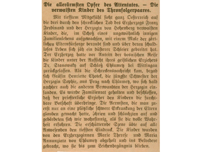 Zeitungsartikel - Verwaiste Kinder des Thronfolgerpaares
