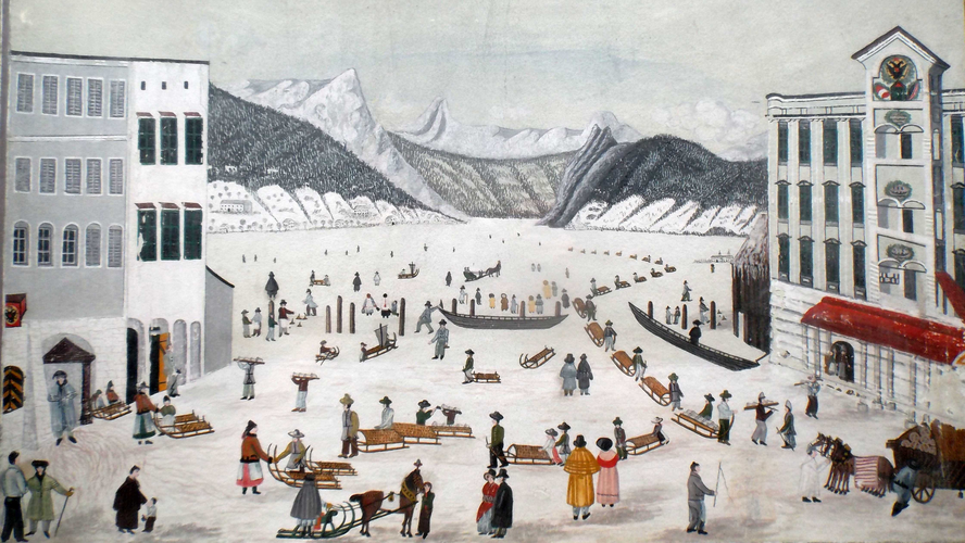 Salztransport über den zugefrorenen Traunsee von Ebensee nach Gmunden im Februar 1830 | © Foto: K-Hof Kammerhof Museum Gmunden