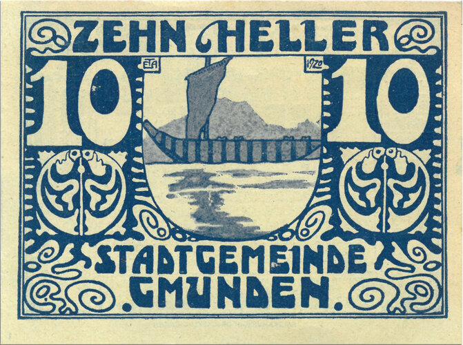 Notgeld von Gmunden mit “Salz-Sujet”: Salz-Zille mit Ra-Segel
