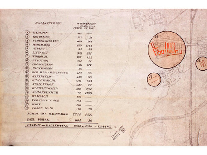 Karte "Wohnungsbau in Linz 1938-1.1.1943" | © Archiv der Stadt Linz