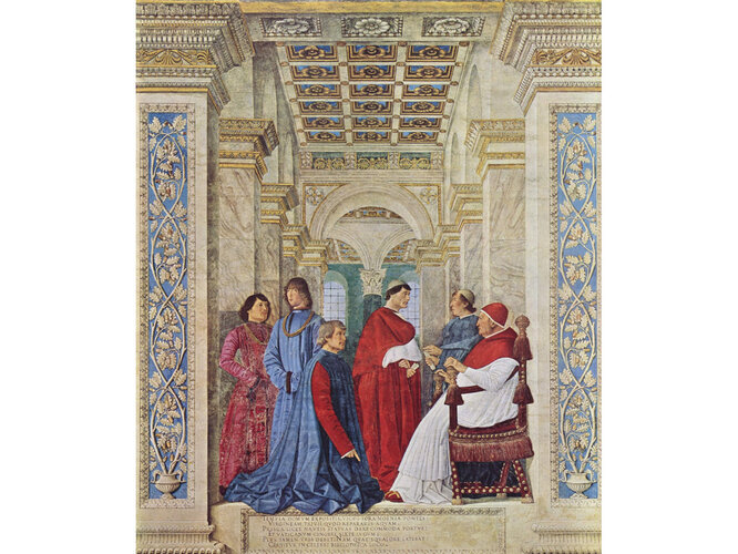 Bartholomäus Sacchi vor Papst Sixtus IV. | © GNU Free Documentation License