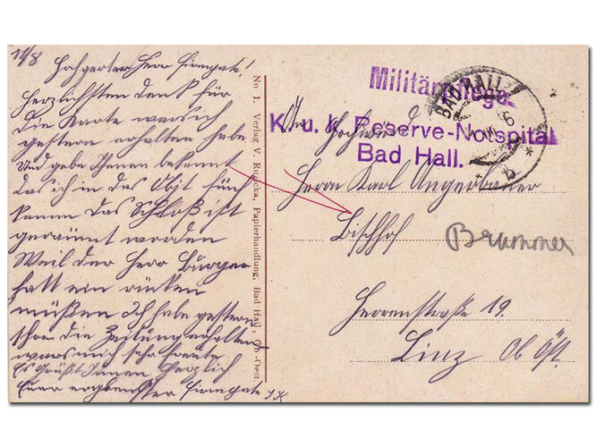 Postkarte vom Militärpflege k.u.k. Reserve-Notspital Bad Hall