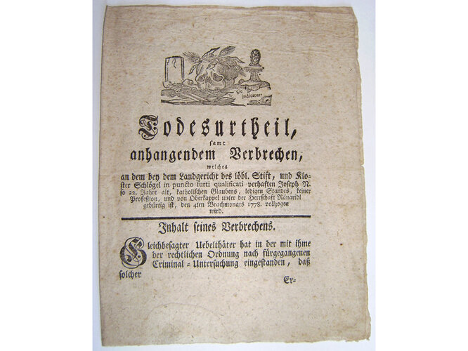 Flugschrift "Todesurteil samt anhangendem Verbrechen" | © Stiftsarchiv Schlägl, Foto: Pater Petrus Bayer