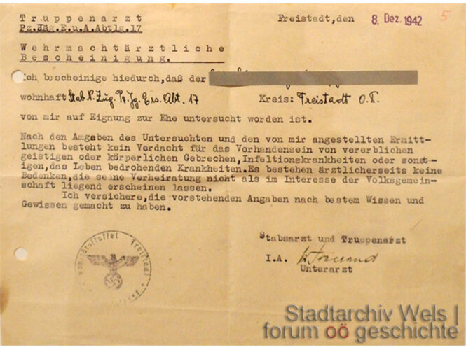 Eheunbedenklicheitsbescheinigung (Mann) | © Stadtarchiv Wels