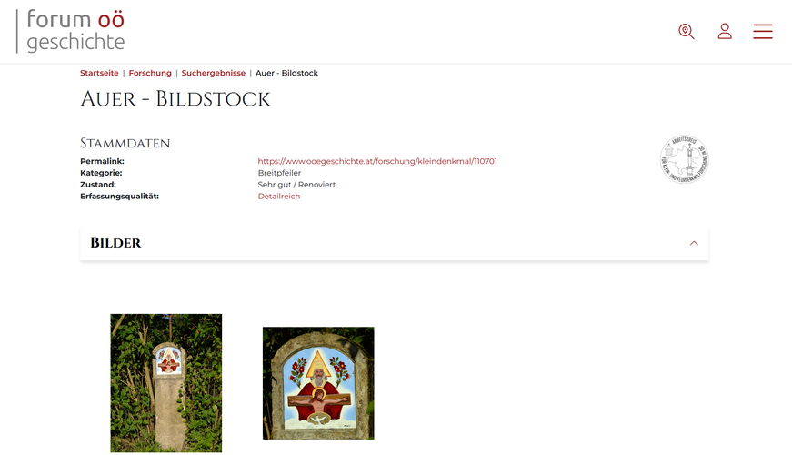 Screenshot: Kleindenkmaldatenbank-Detail im forum oö geschichte