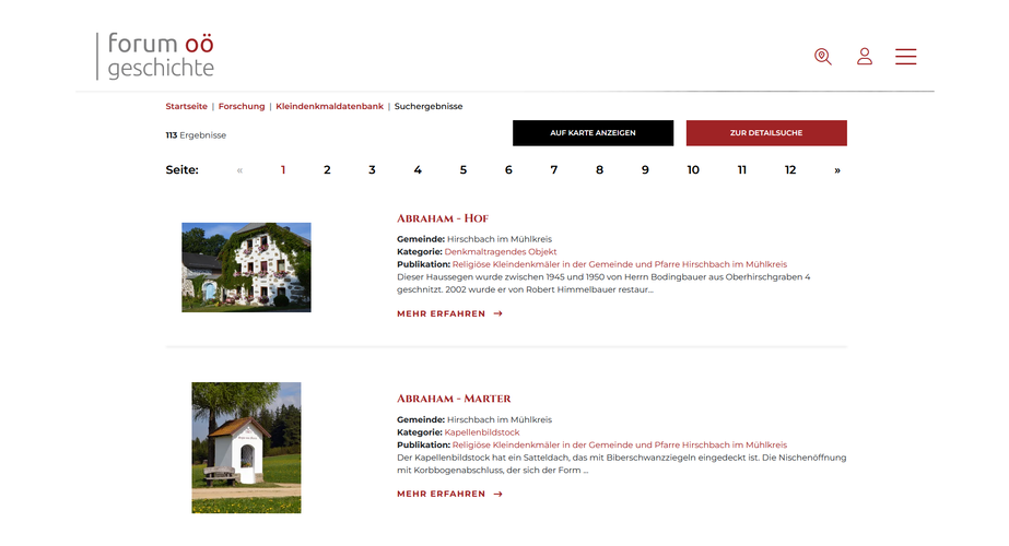 Screenshot: Ergebnisliste Kleindenkmaldatenbank im forum oö geschichte
