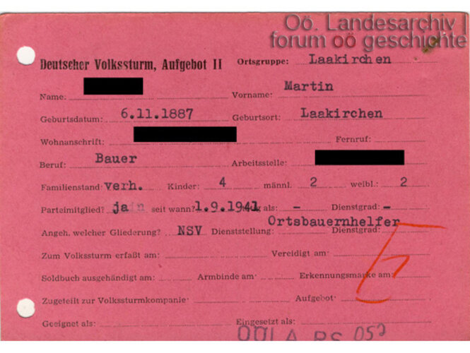 Deutscher Volkssturm - Mitgliedsausweis | © Oö. Landesarchiv