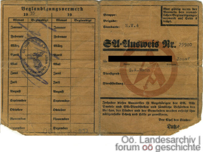 SA-Ausweis | © Oö. Landesarchiv