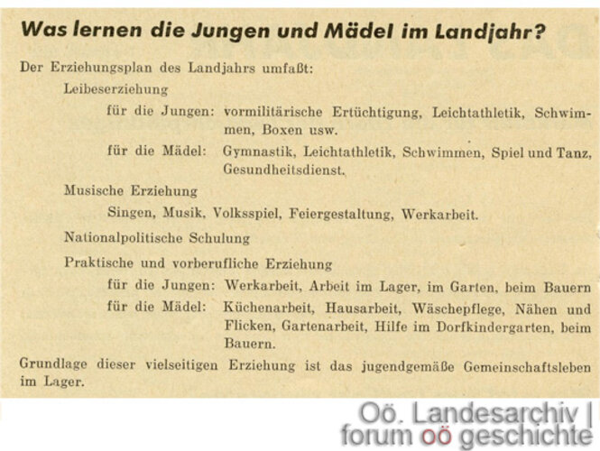 Informationsblatt "Das Landjahr", Ausschnitt