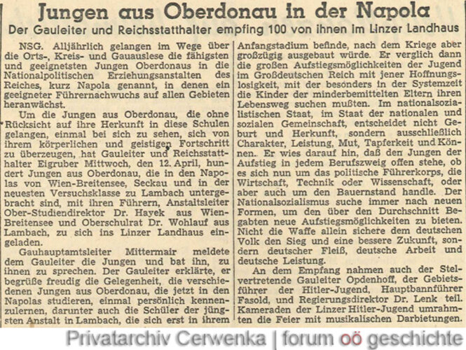 Artikel: Jungen aus Oberdonau in der Napola