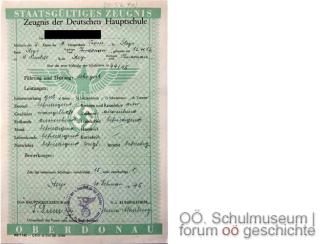 Zeugnis der Deutschen Hauptschule, 1945 | © OÖ. Schulmuseum