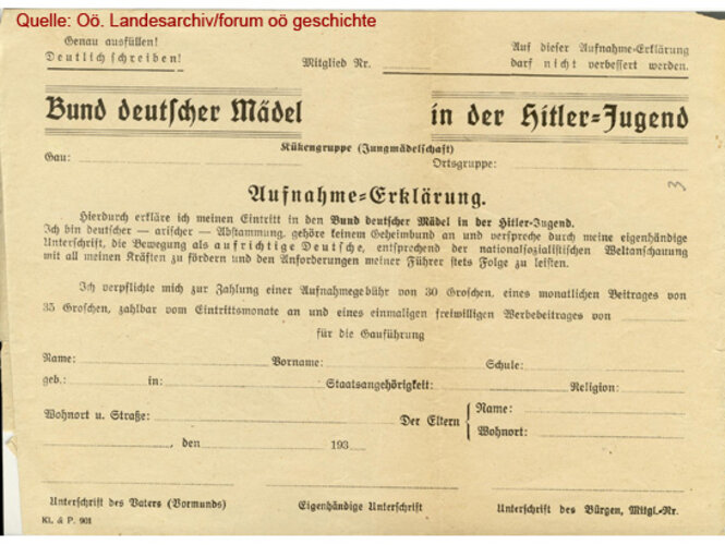 Aufnahme-Erklärung BDM | © Oö. Landesarchiv