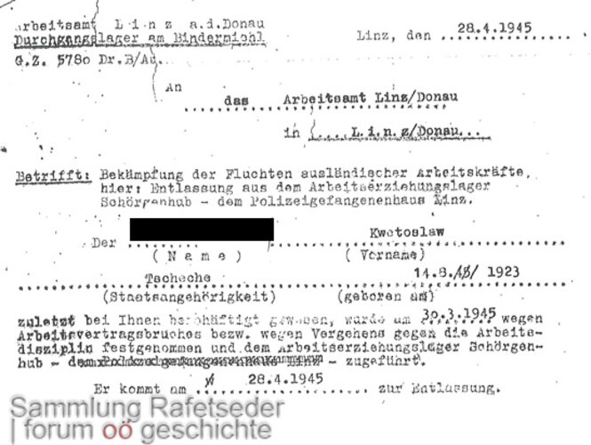 Entlassungsschein Arbeitserziehungslager Schörgenhub