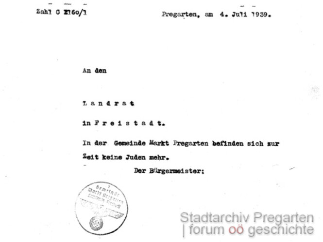 Meldung: Keine Juden mehr in Pregarten