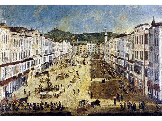 Marktgeschehen am Linzer Hauptplatz um 1774 | © Archiv der Stadt Linz