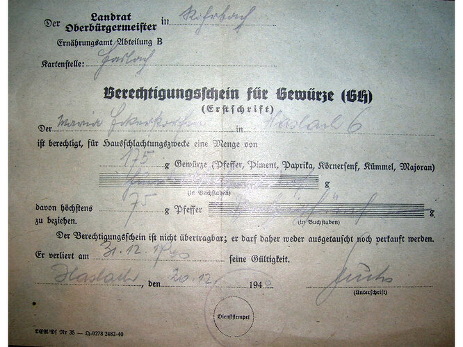 Berechtigungsschein für Gewürze