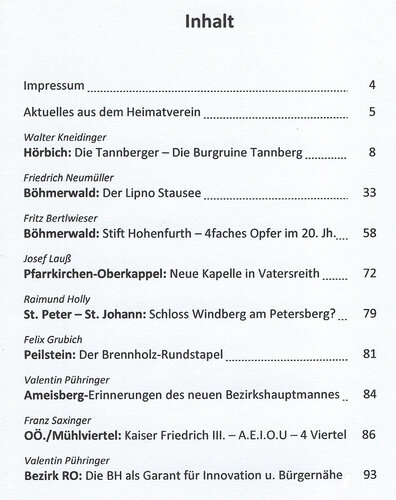 Inhaltsverzeichnis: Kultur und Geschichte im Bezirk Rohrbach, 33. Band, 2023 | © Bezirksheimatverein Rohrbach