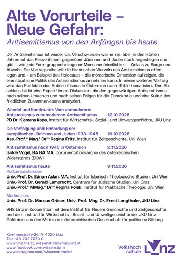 Vortragsreihe "Antisemitismus": Alte Vorurteile - Neue Gefahr | © VHS Linz